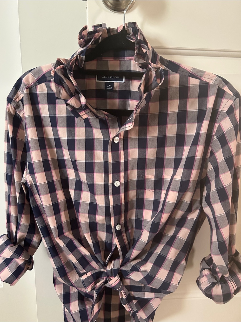 Club Room Pink and Navy Plaid Button-Down Shirt with ruffled collar